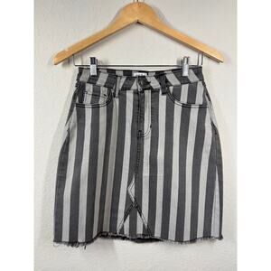 Women's White Birch Gray Black Striped Denim Mini Skirt Size S